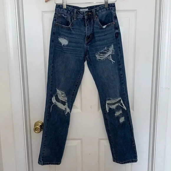Forever21 Blue Distressed Straight Leg Jeans Size 24 - Picture 1 of 3